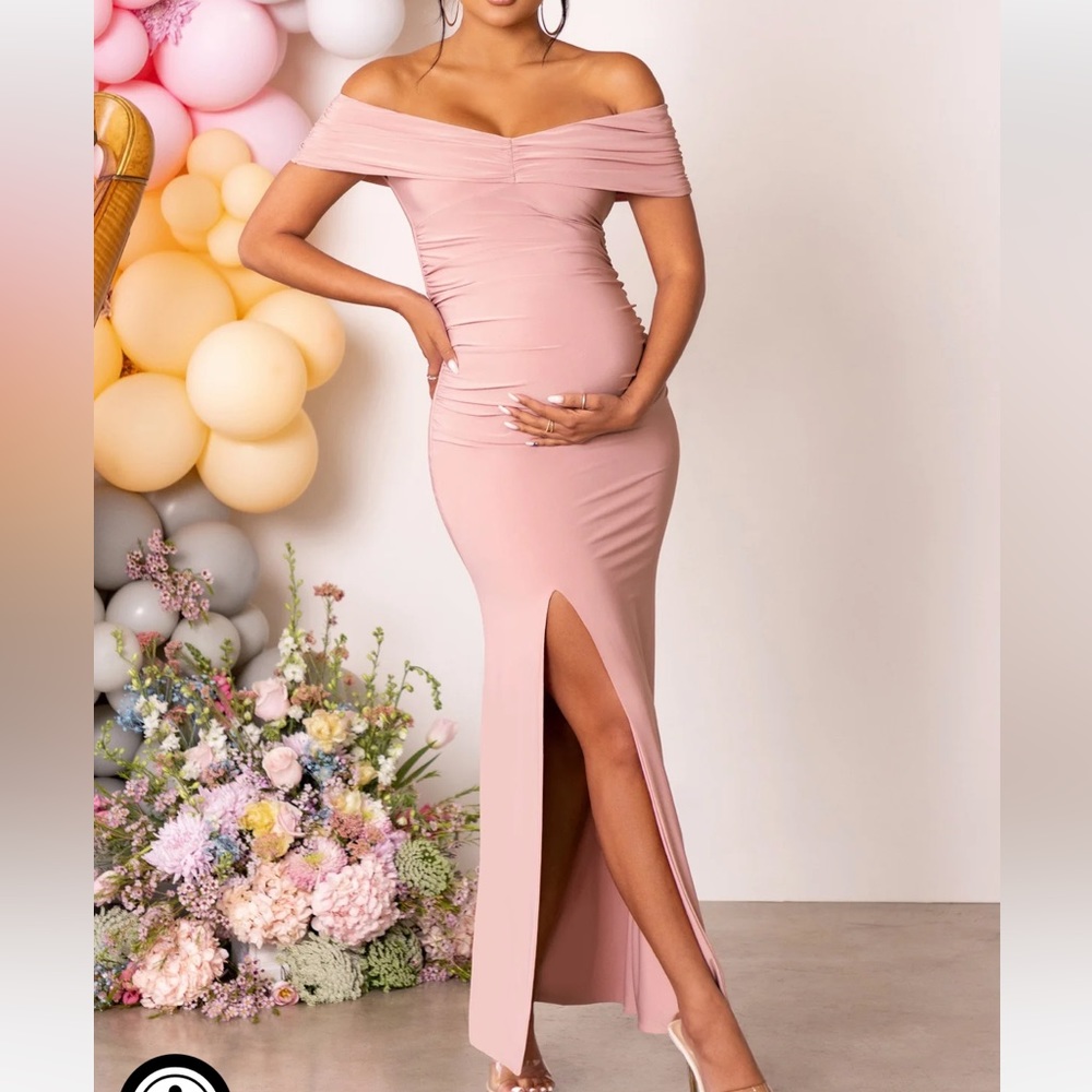 Club L London Worth The Wait Blush Maternity Ruched Bardot Split Hem Maxi